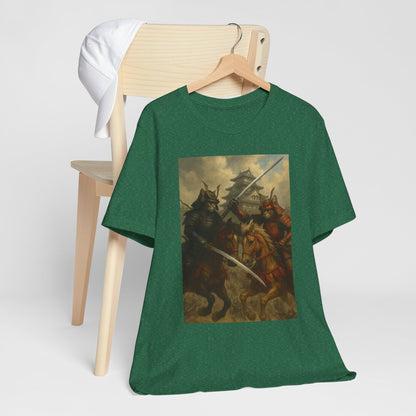 Epic Cat Samurai Battle Tee - War Horses Clash in Front of Japanese Castle  Feline Warrior Art Shirt for Fantasy & Japan Lovers