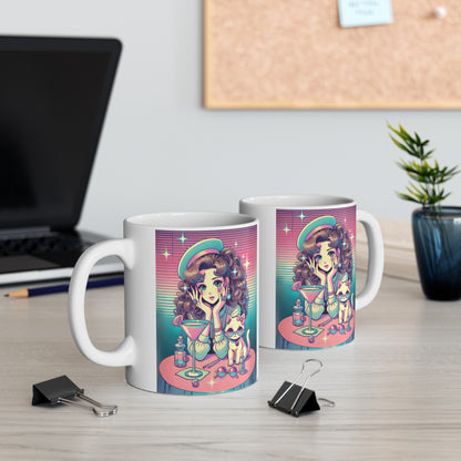 Retro Girl and Cat Mug Vaporwave Pastel Anime Shoujo Style Coffee Cup Cocktail Lounge Aesthetic Cute Kawaii Gift for Daughter or Dad