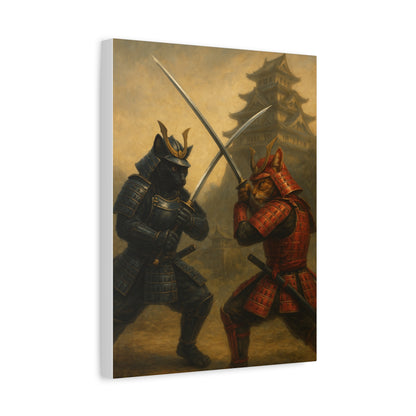 Samurai Cat Duel Canvas Japanese Castle Warrior Cats Wall Art Sengoku Era Painting Japan Inspired Gift for Cat Lovers and Dad