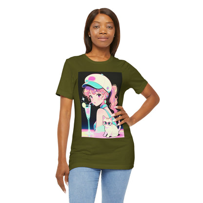 Retro Girl and Cat T Shirt Vaporwave Pastel Anime Shoujo Graphic Tee Neon Cocktail Aesthetic Kawaii Gift for Daughter or Dad Casual Streetwear