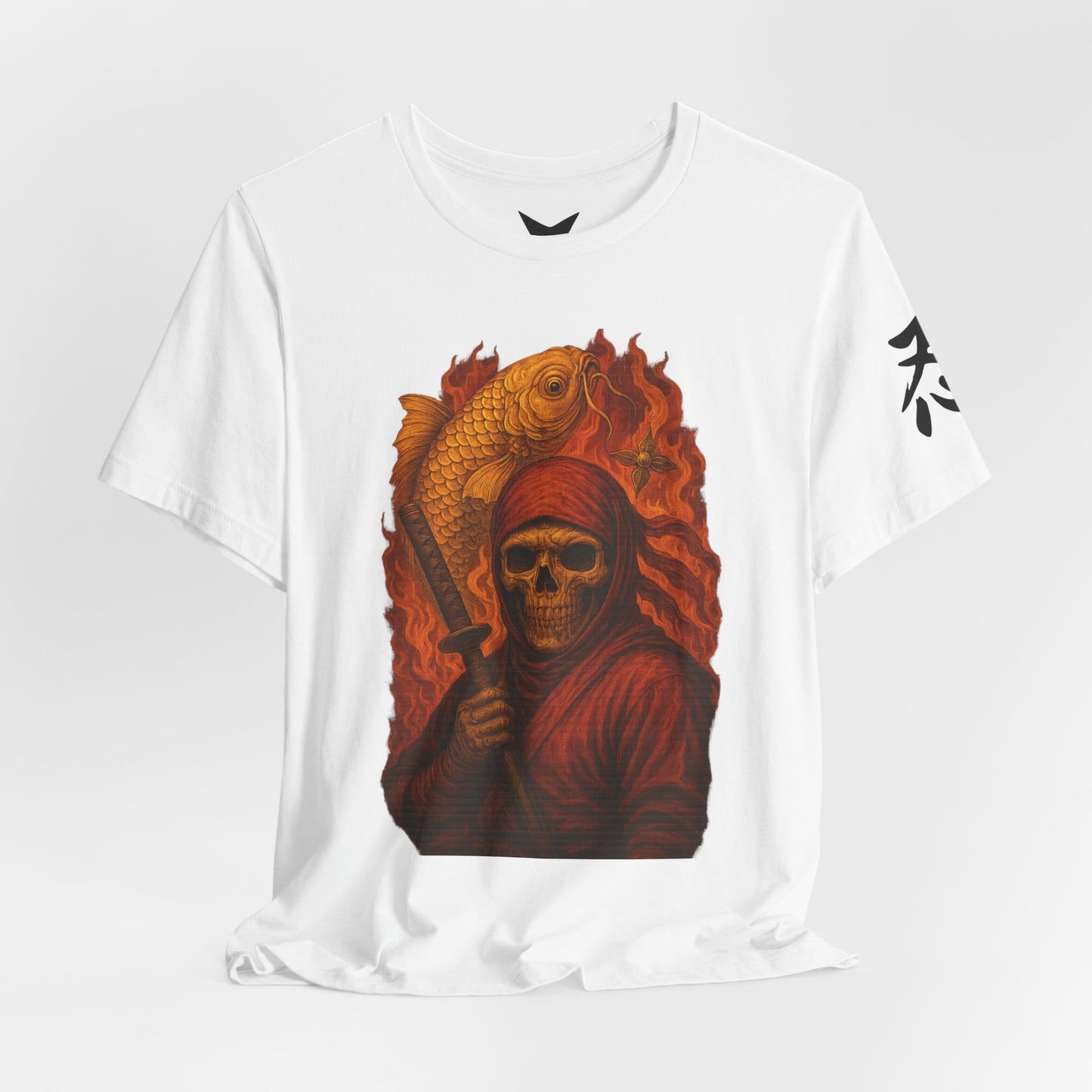 i, High-Detail Gothic Warrior TeDark Red Ninja Skull T-Shirt-Japanese Horror Art, Skeleton Ninja with Golden Koe, Unisex Streetwear