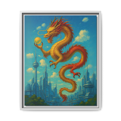 Neo Tokyo Golden Dragon Canvas Wall Art Japan Inspired Skyline Painting Feng Shui Good Luck Decor Dragon Pearl Gift for Dad