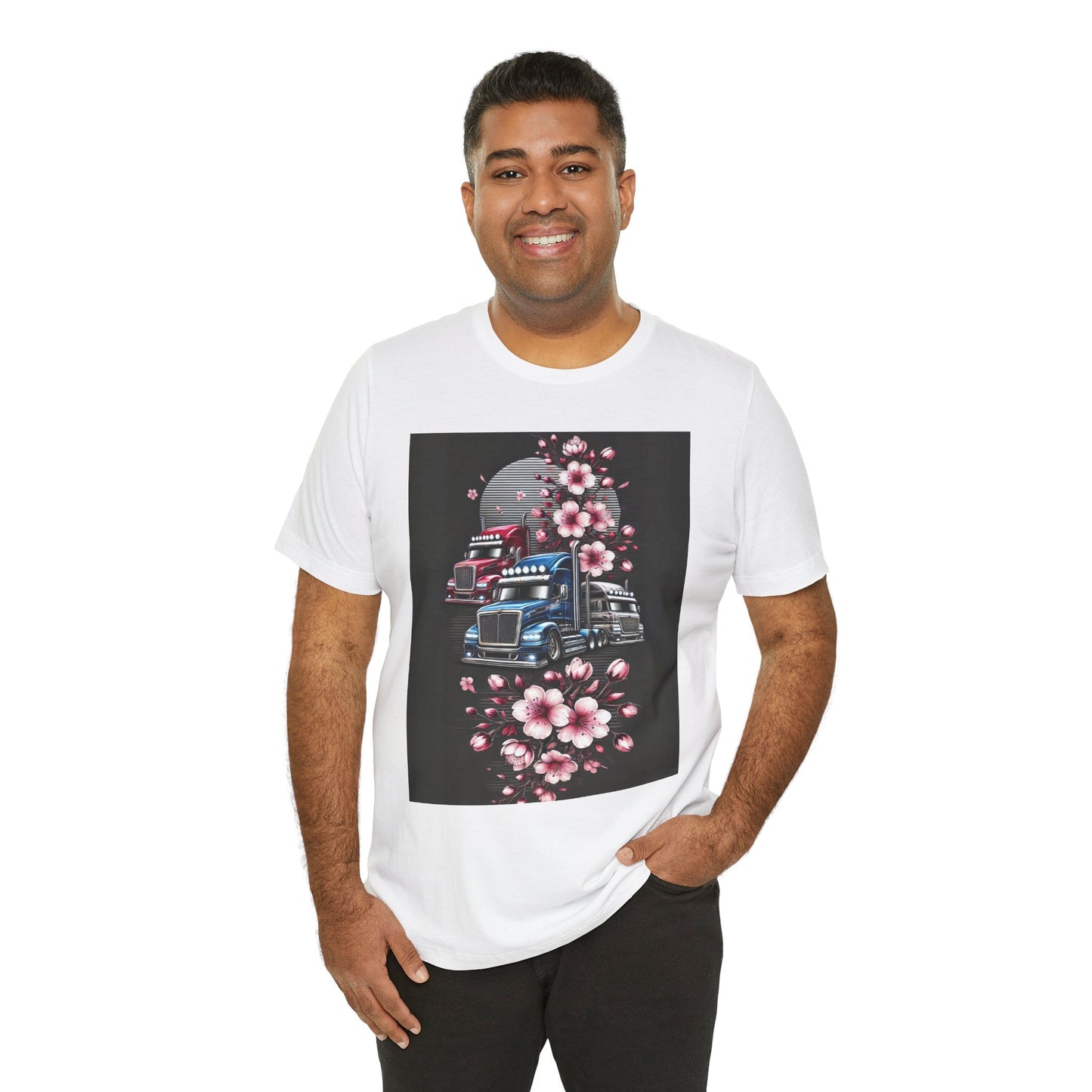 Cherry Blossom Convoy T-Shirt | Japanese Sakura x Modern Truck Art | Unique Graphic Tee for Drivers & Streetwear Lovers No.005