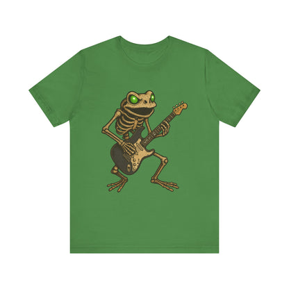 Skeleton Frog Shredding Electric Guitar Tee - Glowing Green Eyes Rock Art Shirt for Musicians Frog Lovers and Gothic Punk Style