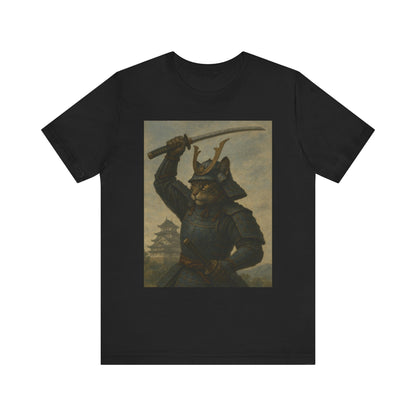 Cat Samurai Strike Tee | Epic Armored Feline Raising Katana | Japanese Warrior Art Unisex Shirt