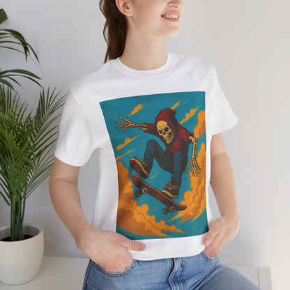 Skater Skeleton Hoodie Graphic Tee - Bold Comic Art Shirt for Men and Women - Colorful Streetwear T-Shirt for Skull and Skate Lovers