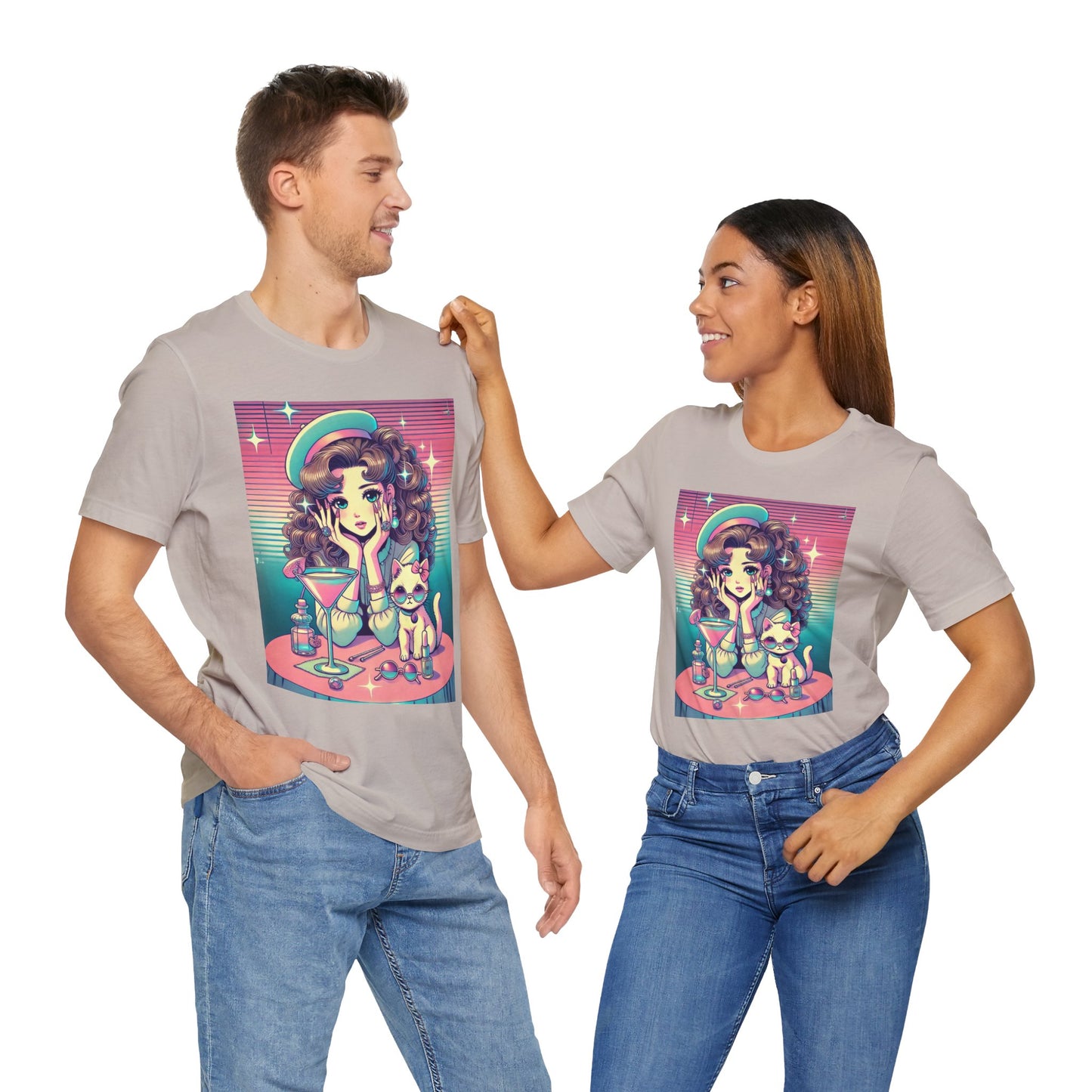 Retro Girl and Cat Graphic Tee Vaporwave Pastel Aesthetic Cocktail Lounge 80s Inspired Shoujo Style T Shirt Gift for Daughter or Dad