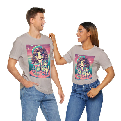 Retro Girl and Cat Graphic Tee Vaporwave Pastel Aesthetic Cocktail Lounge 80s Inspired Shoujo Style T Shirt Gift for Daughter or Dad