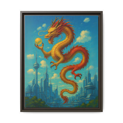 Neo Tokyo Golden Dragon Canvas Wall Art Japan Inspired Skyline Painting Feng Shui Good Luck Decor Dragon Pearl Gift for Dad