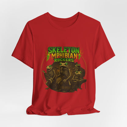 Skeleton Amphibian Rockers Album Cover Tee - Green Eyed Skeleton Frog Band Vocal Guitar Piano Drums Rock Art Shirt
