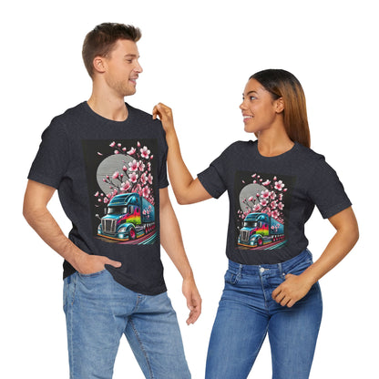 Cherry Blossom Convoy T-Shirt | Japanese Sakura x Modern Truck Art | Unique Graphic Tee for Drivers & Streetwear Lovers No.003