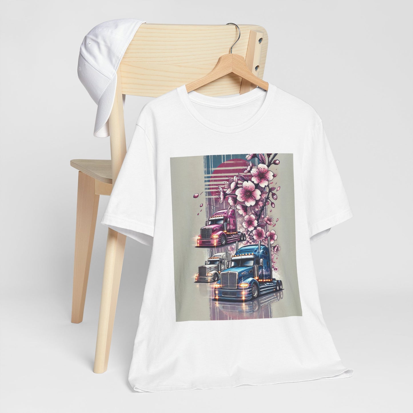 Cherry Blossom Convoy T-Shirt | Japanese Sakura x Modern Truck Art | Unique Graphic Tee for Drivers & Streetwear Lovers No.004