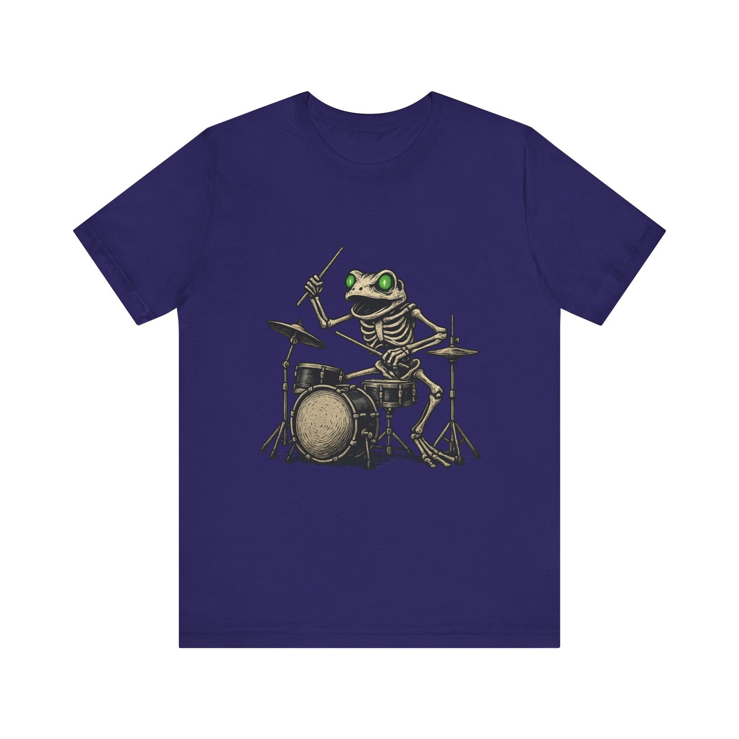 Skeleton Frog Drummer Shirt with Glowing Green Eyes Rock Band Art Tee for Musicians Frog Lovers Halloween and Concert Wear