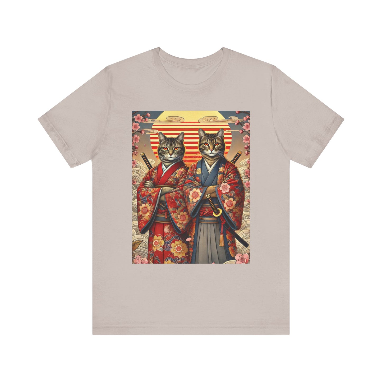 Samurai Cat T-Shirt - Floral Kimono Warrior with Katana | Japanese Ukiyo-e Style, Cherry Blossoms & Mount Fuji | Bold Cat Art Tee