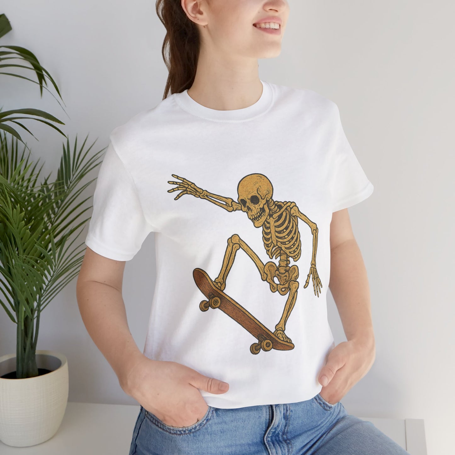 Skater Skeleton Graphic Tee for Adults - Vintage-Style Skeleton Skateboarding Shirt - Edgy Streetwear T-Shirt for Skaters and Art Lovers