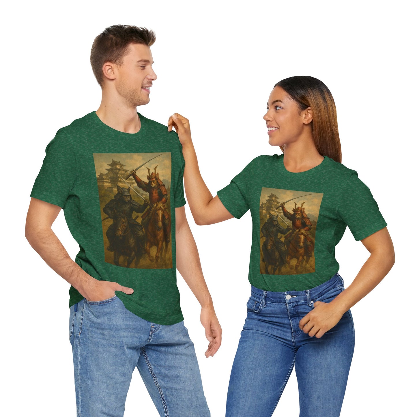 Epic Cat Samurai Battle Tee - War Horses Clash in Front of Japanese Castle  Feline Warrior Art Shirt for Fantasy & Japan Lovers