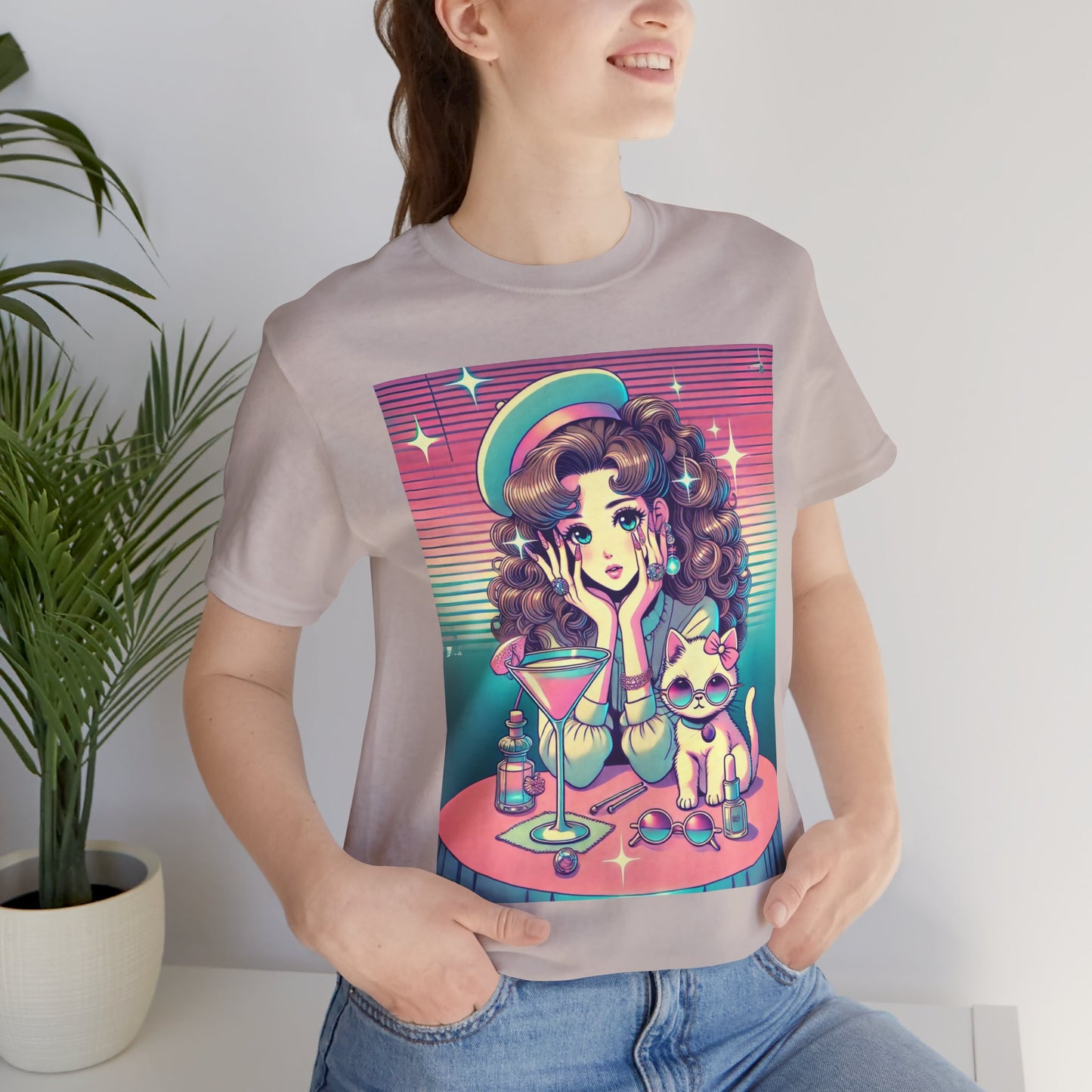 Retro Girl and Cat Graphic Tee Vaporwave Pastel Aesthetic Cocktail Lounge 80s Inspired Shoujo Style T Shirt Gift for Daughter or Dad