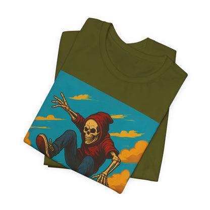 Skater Skeleton Hoodie Graphic Tee - Bold Comic Art Shirt for Men and Women - Colorful Streetwear T-Shirt for Skull and Skate Lovers