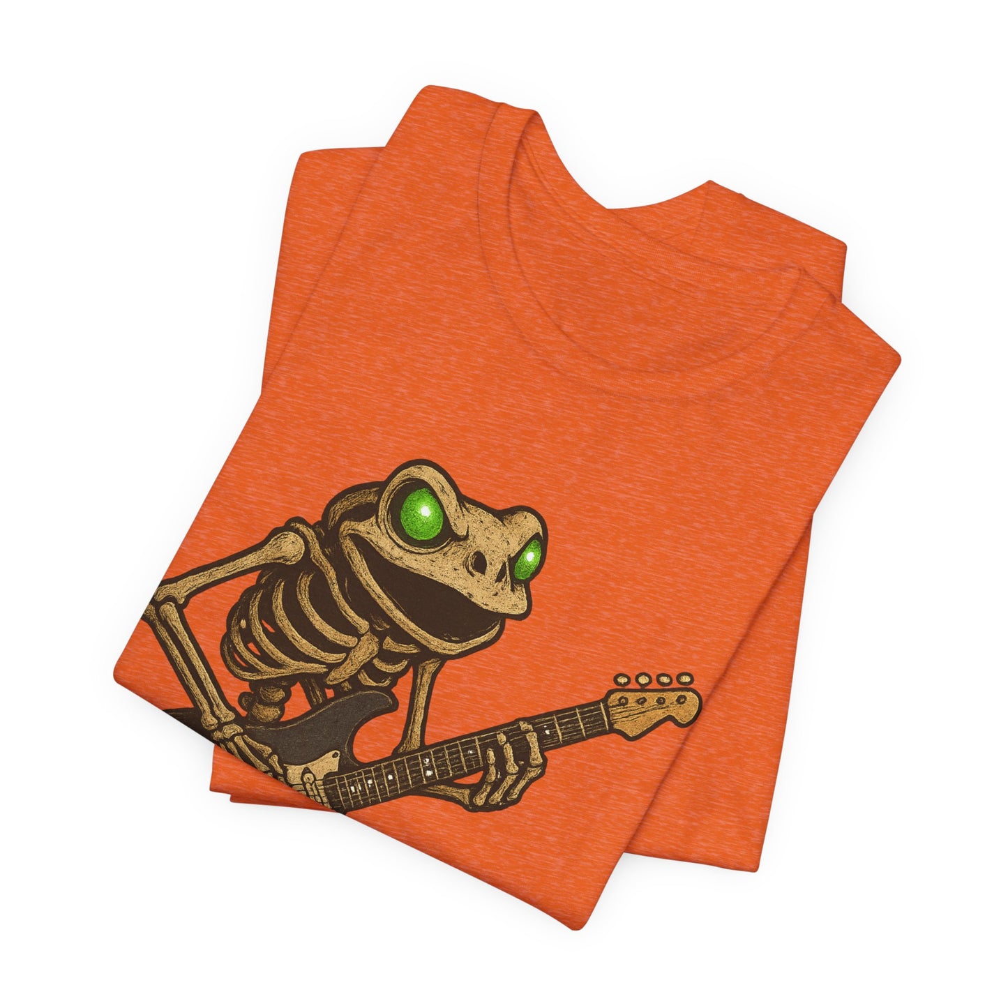 Skeleton Frog Shredding Electric Guitar Tee - Glowing Green Eyes Rock Art Shirt for Musicians Frog Lovers and Gothic Punk Style