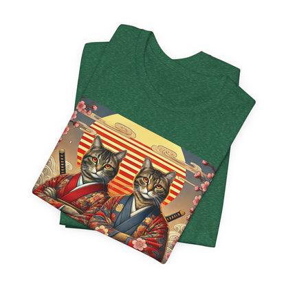 Samurai Cat T-Shirt - Floral Kimono Warrior with Katana | Japanese Ukiyo-e Style, Cherry Blossoms & Mount Fuji | Bold Cat Art Tee