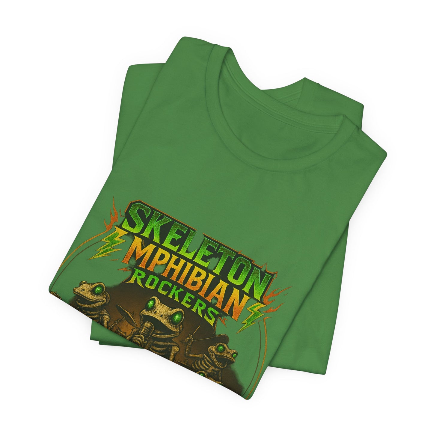 Skeleton Amphibian Rockers Album Cover Tee - Green Eyed Skeleton Frog Band Vocal Guitar Piano Drums Rock Art Shirt