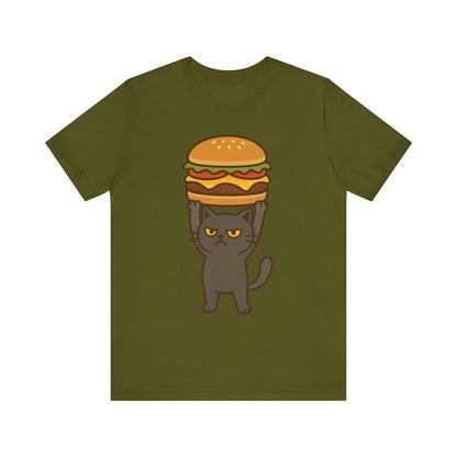 "Hanba-nyaa~" Cute Japanese Cat T-Shirt – Funny Burger & Cat Design – Kawaii Style Unisex Tee – Gift for Food & Cat Lovers