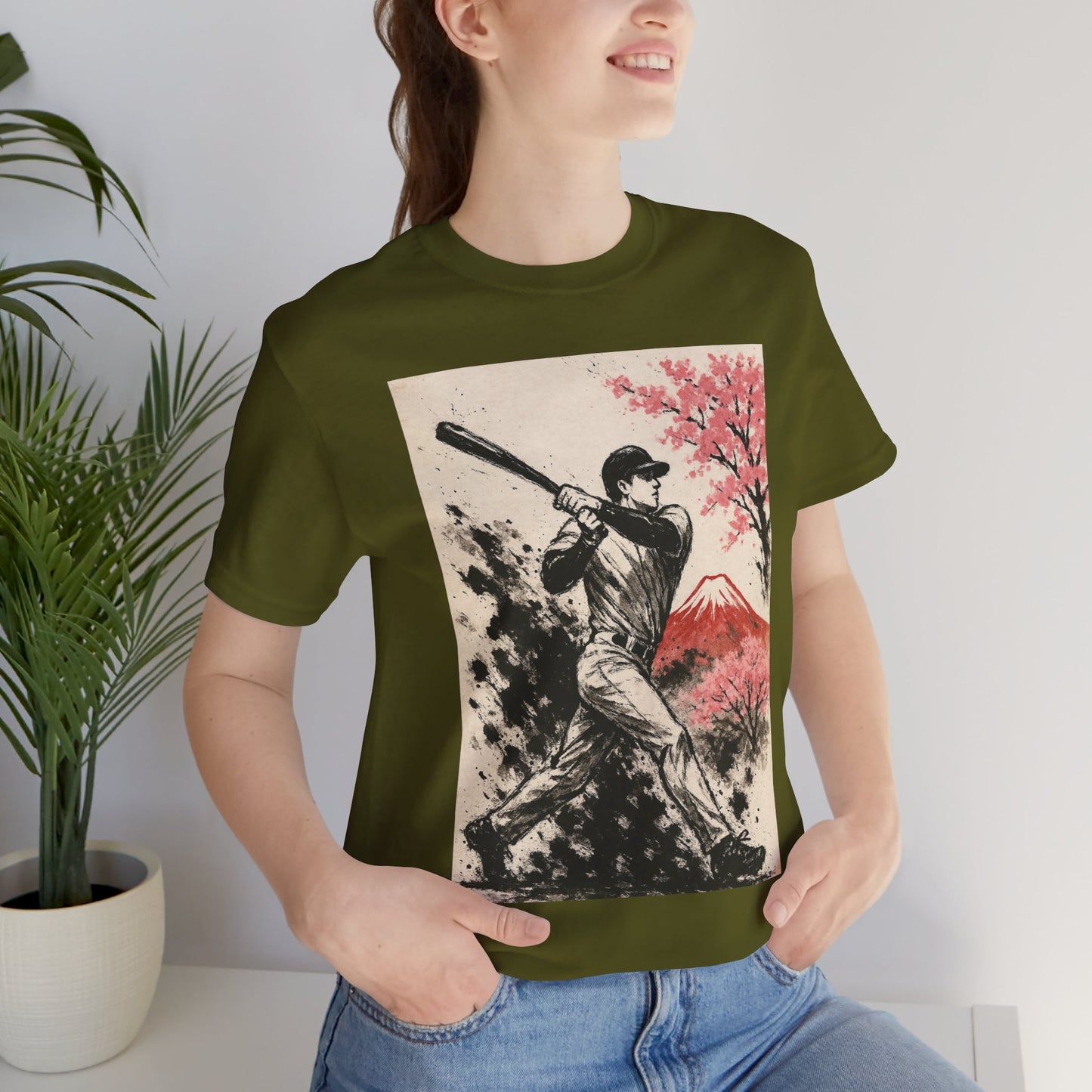 Pro Baseball Batter Sumi Ink Art Shirt Fuji Sakura Retro Japanese Print Power Swing Tee Japan Inspired Sports Art Gift for Dad