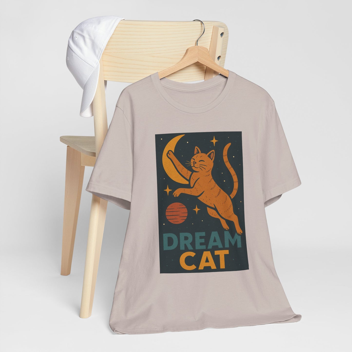 Dream Cat Shirt Retro Space Kitty Tee Moon and Stars Poster Style Japan Inspired Vintage Graphic Gift for Cat Lovers and Dad