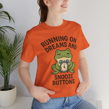 Running on Dreams and Snooze Buttons Shirt Sleepy Frog Tee Funny Night Owl Top Great Dad Gift Cozy Loungewear Aesthetic