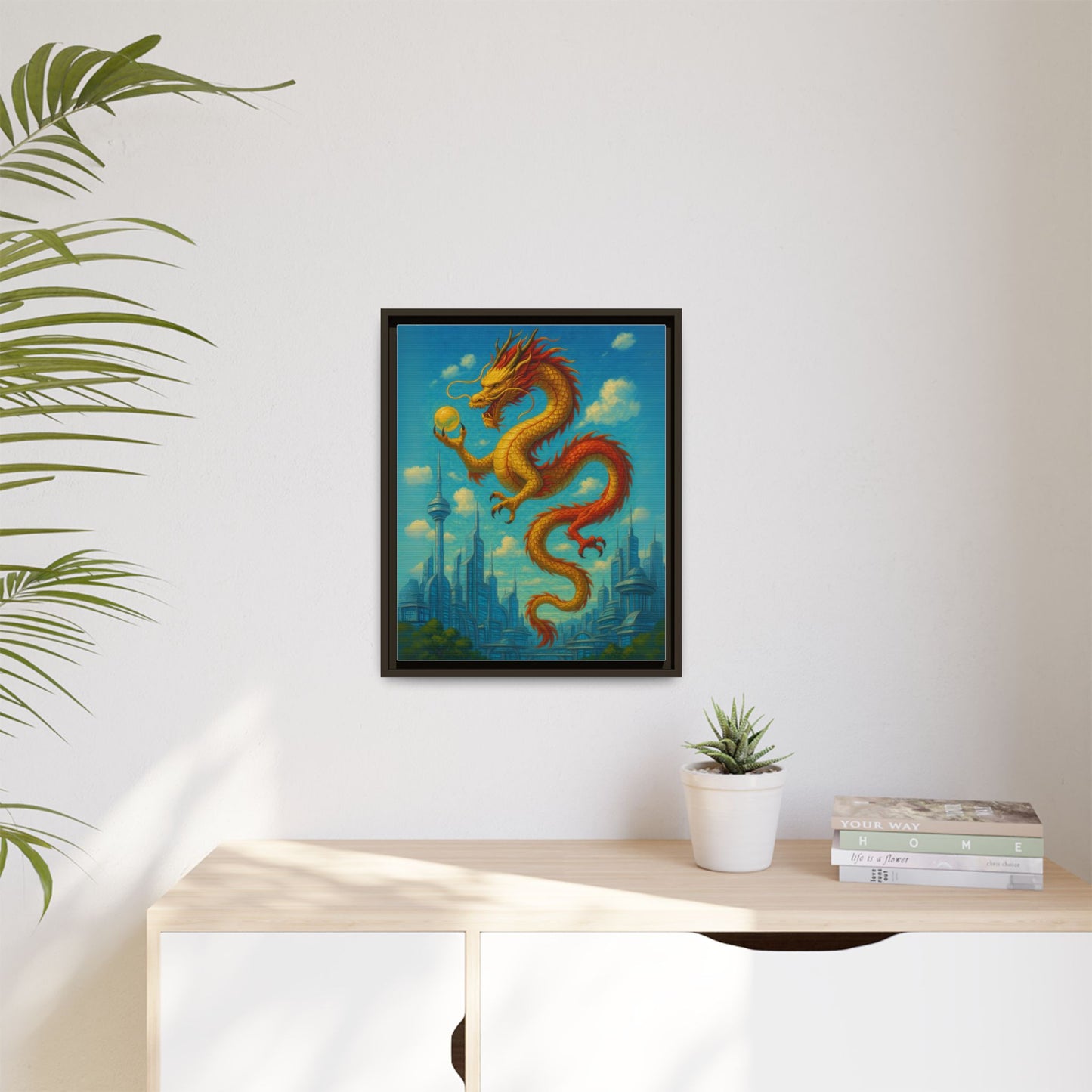 Neo Tokyo Golden Dragon Canvas Wall Art Japan Inspired Skyline Painting Feng Shui Good Luck Decor Dragon Pearl Gift for Dad