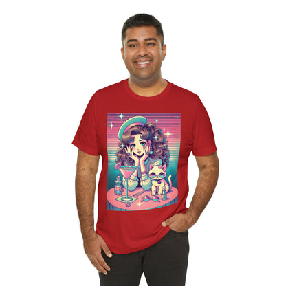 Retro Girl and Cat Graphic Tee Vaporwave Pastel Aesthetic Cocktail Lounge 80s Inspired Shoujo Style T Shirt Gift for Daughter or Dad