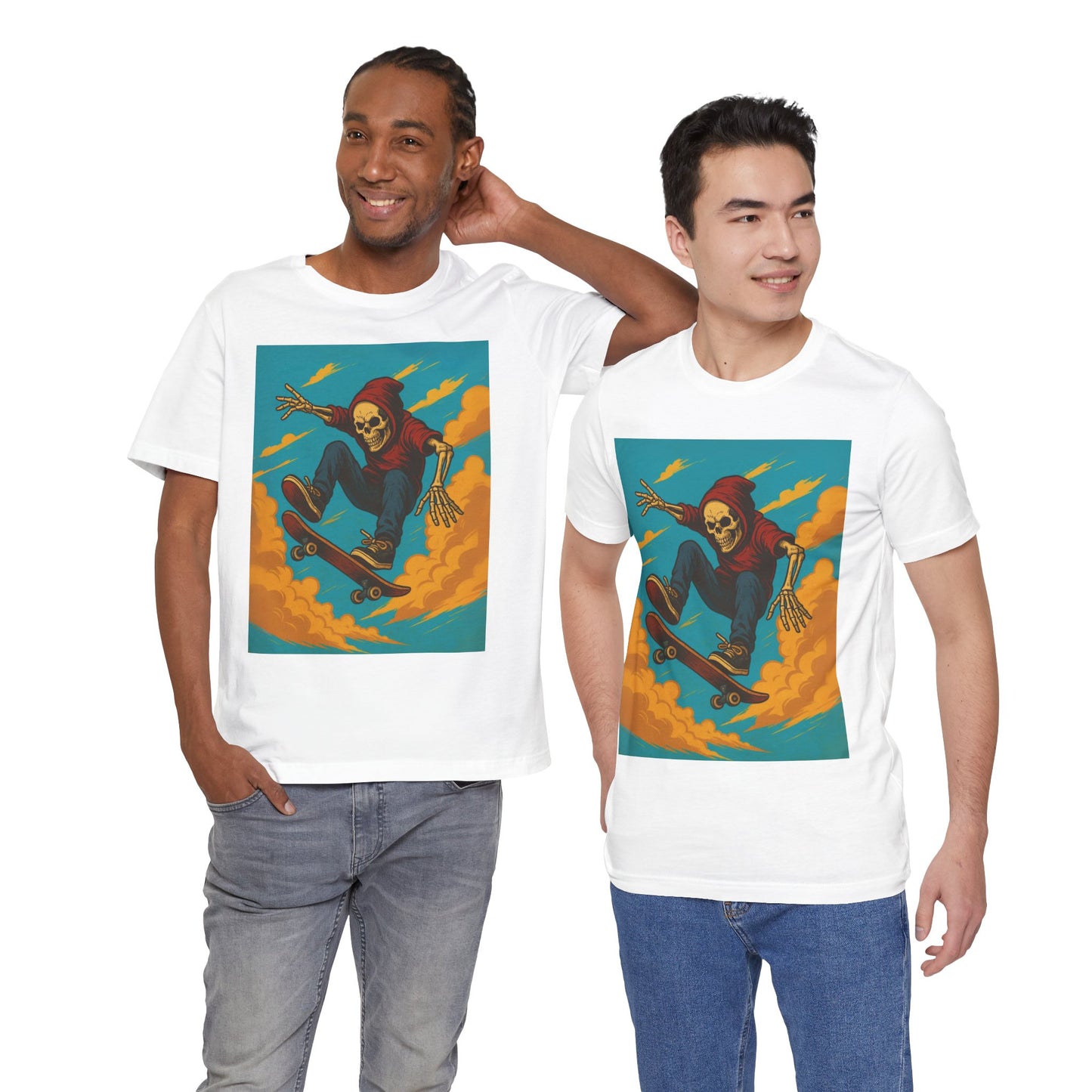 Skater Skeleton Hoodie Graphic Tee - Bold Comic Art Shirt for Men and Women - Colorful Streetwear T-Shirt for Skull and Skate Lovers