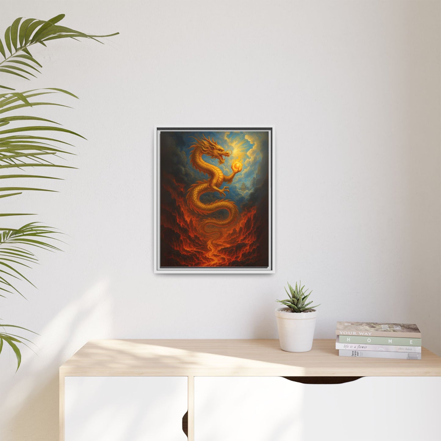 Golden Dragon Canvas Feng Shui Wall Art Asian Myth Painting Fire and Cloud Temple Inspired Good Luck Decor Gift for Dad