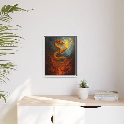 Golden Dragon Canvas Feng Shui Wall Art Asian Myth Painting Fire and Cloud Temple Inspired Good Luck Decor Gift for Dad