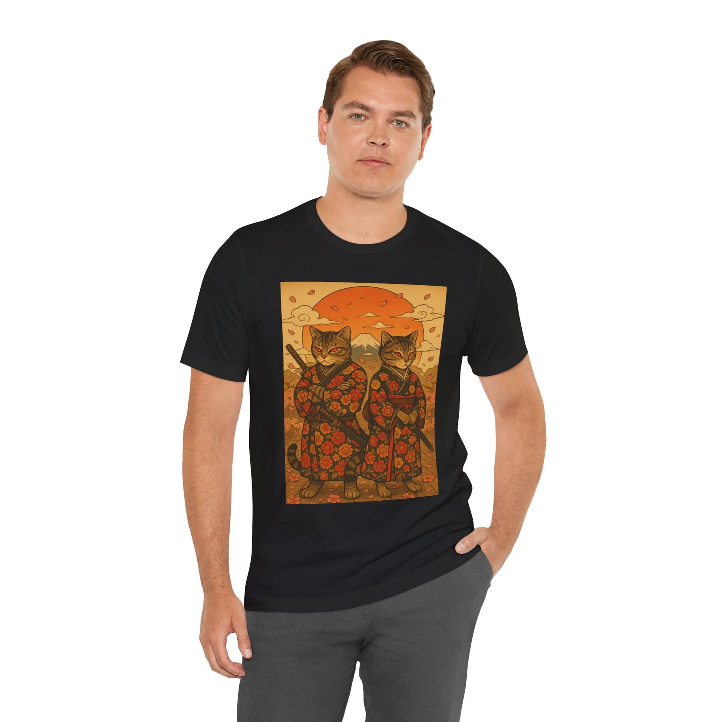 Samurai Cat T-Shirt - Floral Kimono Warrior with Katana | Japanese Ukiyo-e Style, Cherry Blossoms & Mount Fuji | Bold Cat Art Tee