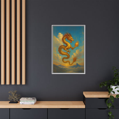 Golden Dragon Canvas Feng Shui Wall Art Asian Myth Painting Sky Cloud Mountain Good Luck Decor Gift for Dad Living Room Office