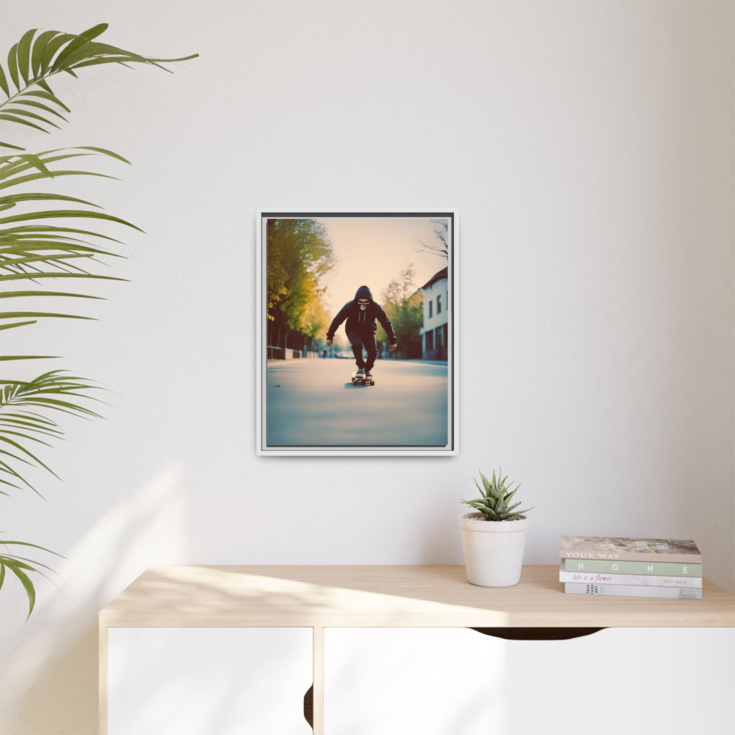 Skull Hoodie Skater Canvas Print Urban Street Art Skateboard Wall Decor Dawn Ride Gift for Dad Teen Room Gothic Vibe