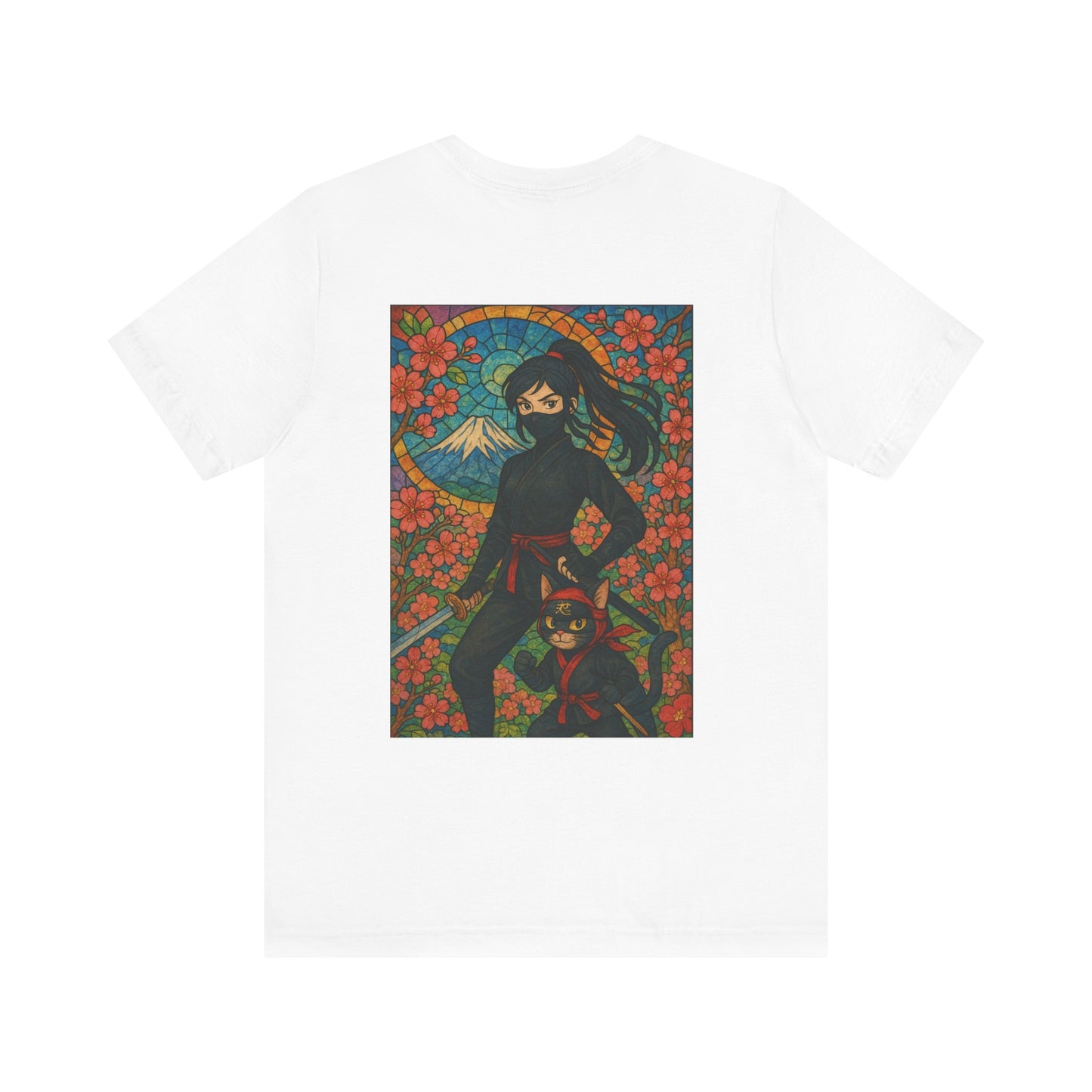 Ninja and Cat T-Shirt - Female Ninja in Black Outfit with Shuriken-Japanese Samurai Style, Mount Fuji, Cherry Blossoms-Cool Unisex Anime Tee