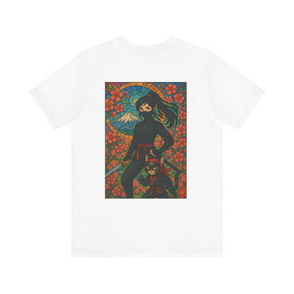 Ninja and Cat T-Shirt - Female Ninja in Black Outfit with Shuriken-Japanese Samurai Style, Mount Fuji, Cherry Blossoms-Cool Unisex Anime Tee
