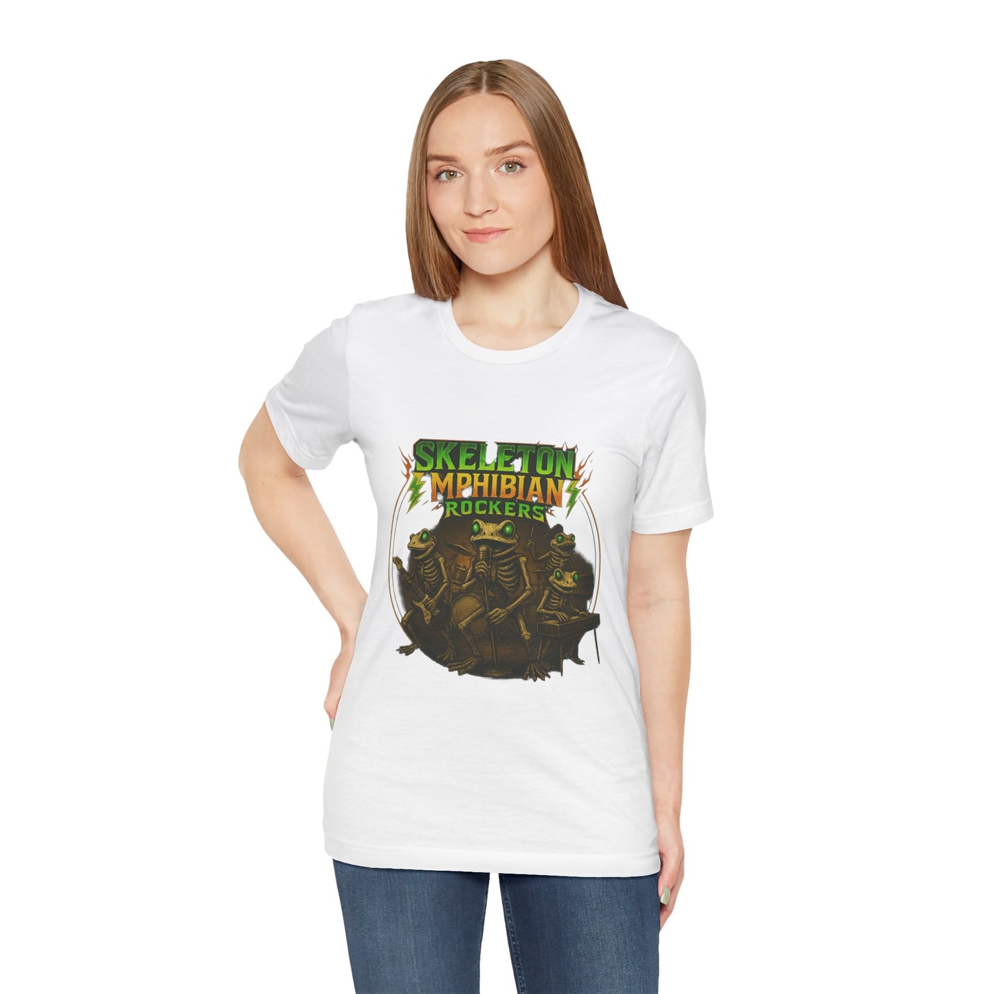 Skeleton Amphibian Rockers Album Cover Tee - Green Eyed Skeleton Frog Band Vocal Guitar Piano Drums Rock Art Shirt