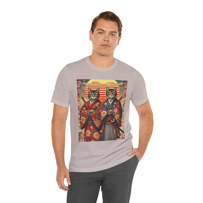 Samurai Cat T-Shirt - Floral Kimono Warrior with Katana | Japanese Ukiyo-e Style, Cherry Blossoms & Mount Fuji | Bold Cat Art Tee