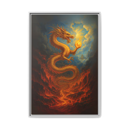 Golden Dragon Canvas Feng Shui Wall Art Asian Myth Painting Fire and Cloud Temple Inspired Good Luck Decor Gift for Dad