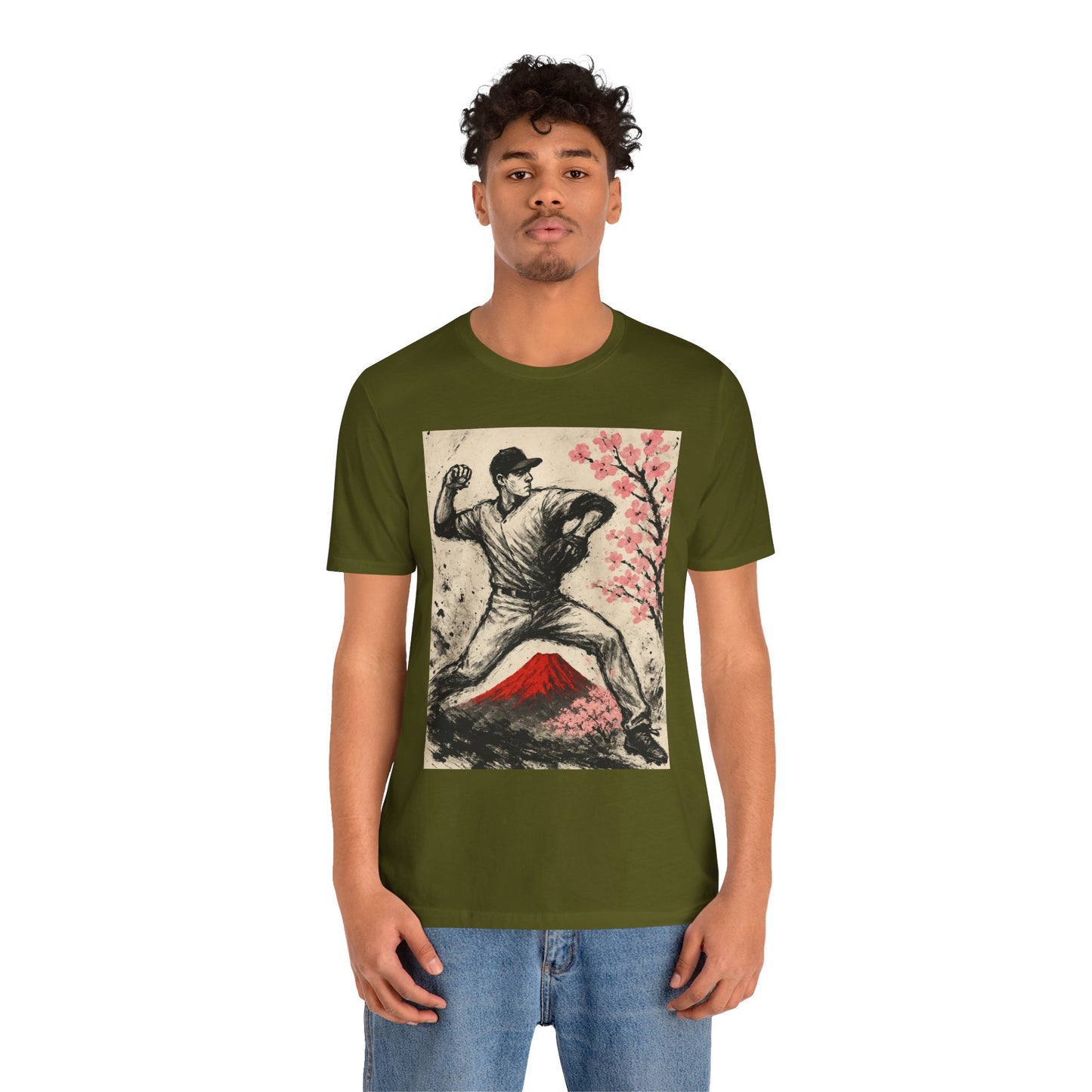 Pro Baseball Pitcher Sumi Ink Art Shirt Fuji Sakura Retro Japanese Print Windup Fastball Tee Japan Inspired Sports Art Gift for Dad