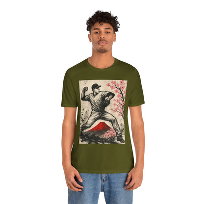 Pro Baseball Pitcher Sumi Ink Art Shirt Fuji Sakura Retro Japanese Print Windup Fastball Tee Japan Inspired Sports Art Gift for Dad