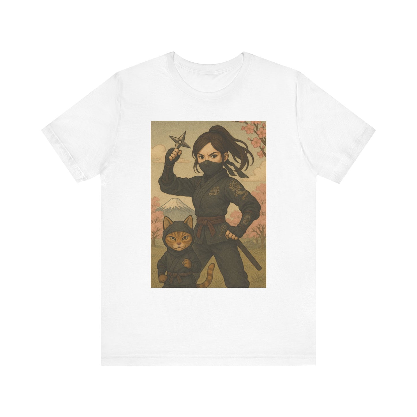 Ninja and Cat T-Shirt - Female Ninja in Black Outfit with Shuriken-Japanese Samurai Style, Mount Fuji, Cherry Blossoms-Cool Unisex Anime Tee