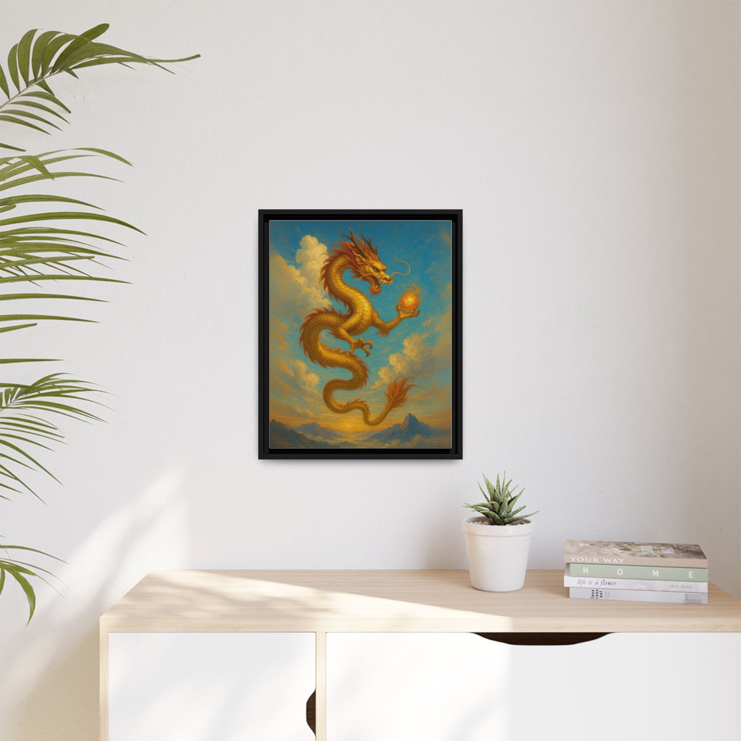 Golden Dragon Canvas Feng Shui Wall Art Asian Myth Painting Sky Cloud Mountain Good Luck Decor Gift for Dad Living Room Office