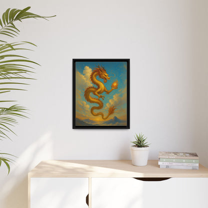 Golden Dragon Canvas Feng Shui Wall Art Asian Myth Painting Sky Cloud Mountain Good Luck Decor Gift for Dad Living Room Office