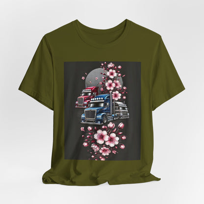 Cherry Blossom Convoy T-Shirt | Japanese Sakura x Modern Truck Art | Unique Graphic Tee for Drivers & Streetwear Lovers No.005
