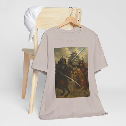 Epic Cat Samurai Battle Tee - War Horses Clash in Front of Japanese Castle  Feline Warrior Art Shirt for Fantasy & Japan Lovers