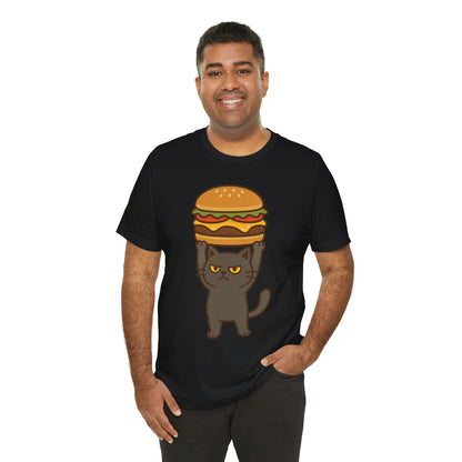 "Hanba-nyaa~" Cute Japanese Cat T-Shirt – Funny Burger & Cat Design – Kawaii Style Unisex Tee – Gift for Food & Cat Lovers
